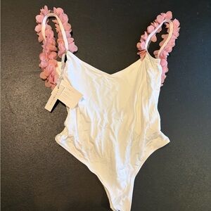 La Reveche White One Piece Swimsuit with Pink Flower Straps NWT Sz L